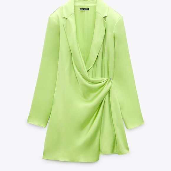 Zara SATIN EFFECT SHOULDER PAD DRESS LIME GREEN - Picture 3 of 6